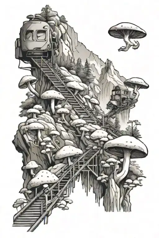 mountain, climber scaling, Train on tracks, mushrooms tattoo design idea
