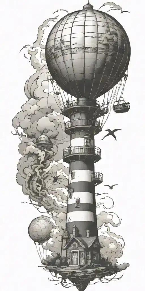 lighthouse and hot air balloo symbolizing never give up in a tornado  tattoo design idea