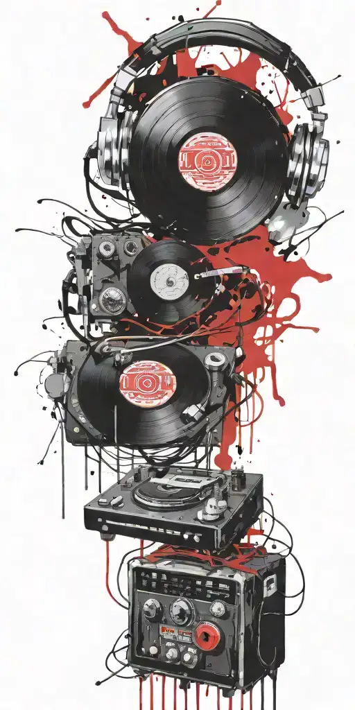 record player, headphones, guitar thunder storm  tattoo design idea