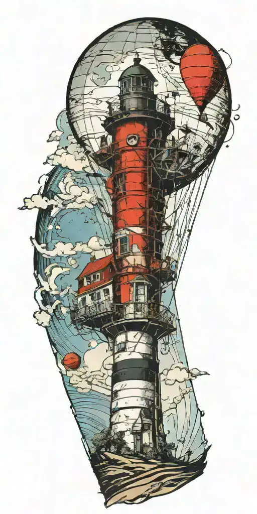 lighthouse hot air balloon never give up in a tornado  tattoo design idea