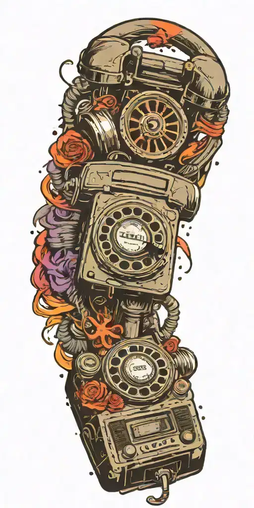 old school dial phone, music speakers, and record player tornado melting  tattoo design idea