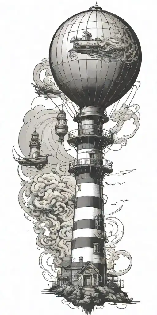 lighthouse and hot air balloo symbolizing never give up in a tornado  tattoo design idea