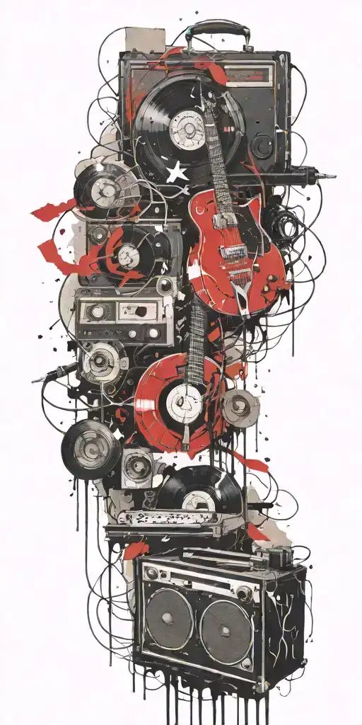 record player, headphones, guitar thunder storm  tattoo design idea