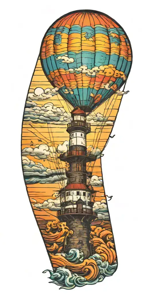 hot air balloon and a lighthouse in hurricane  tattoo design idea