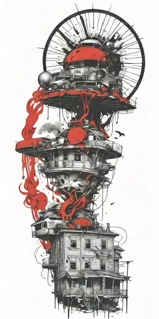 suburban tornado explosion by grenade on shrooms  tattoo design idea