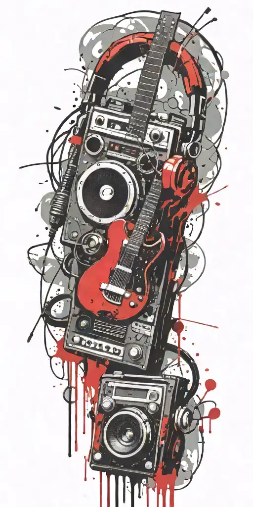 Grenade, cassette tape, headphones, guitar thunder storm  tattoo design idea