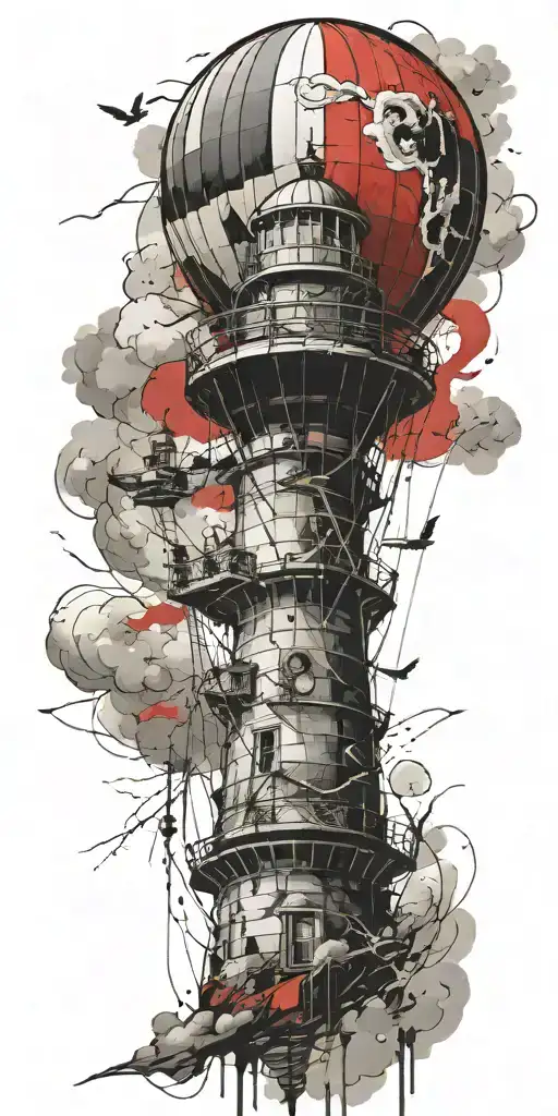 hot air balloon lighthouse in a tornado never give up tattoo design idea