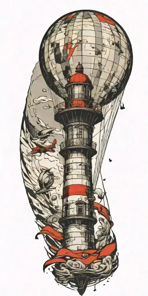 lighthouse hot air balloon and a banner plane a tornado  tattoo design idea