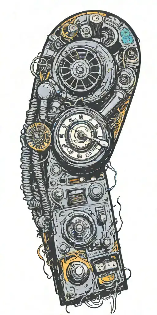 trippy old school dial phone, music speakers, and record player tornado melting  tattoo design idea