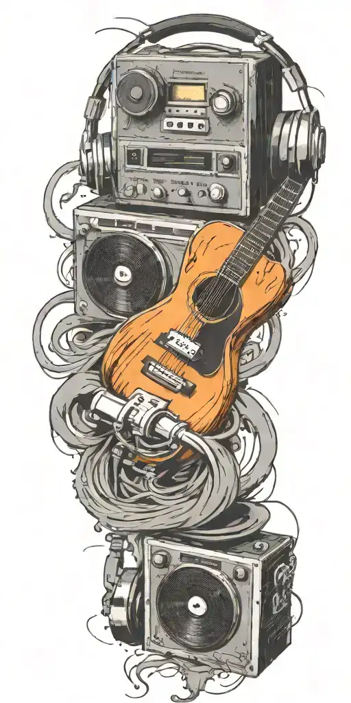 record player playing, headphones, and guitar in a tornado tattoo design idea