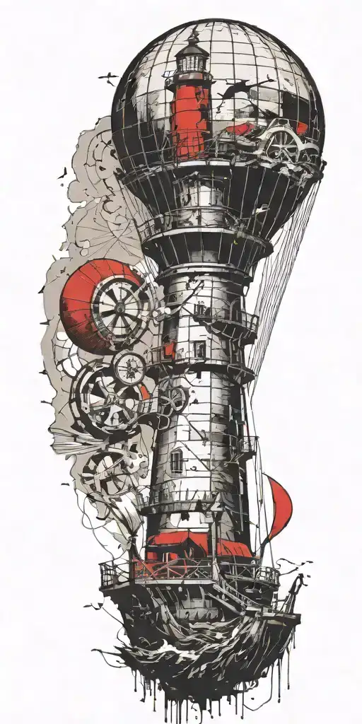 light house hot air balloon and shipwreck scene tattoo design idea