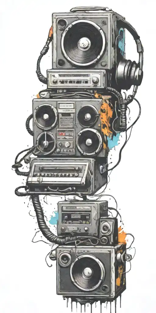 blues guitar, record player, cassette tape headphones  in a tornado tattoo design idea