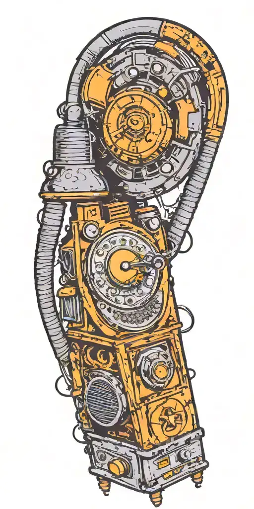 old school dial phone, music speakers, and record player tornado melting  tattoo design idea