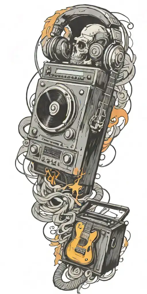 record player playing, headphones, and guitar in a tornado tattoo design idea