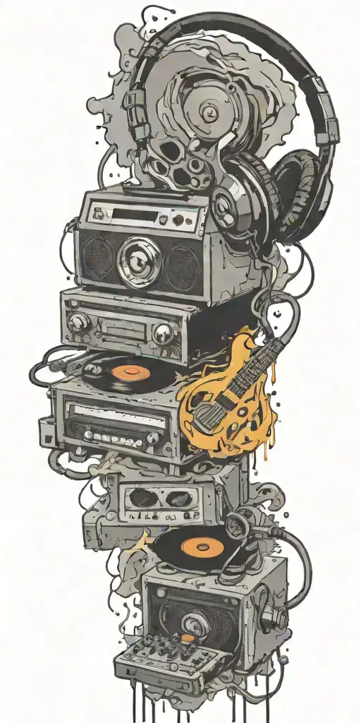 record player playing, headphones, and guitar in a tornado tattoo design idea