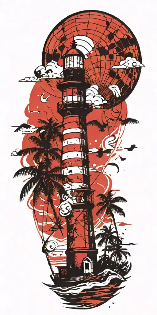 light house beach scene with palm trees and hot air balloons  tattoo design idea