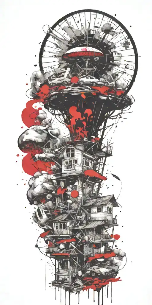 suburban tornado explosion by grenade on shrooms  tattoo design idea