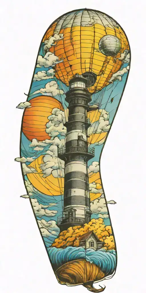 hot air balloon and a lighthouse in hurricane  tattoo design idea
