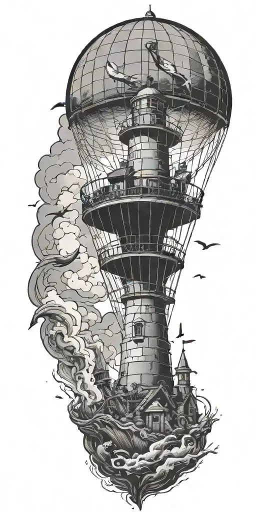 light house hot air balloon and shipwreck  tattoo design idea