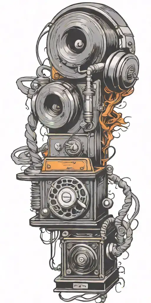 gangster studio heaphones, old school dial phone and record  player twisted in a tornado tattoo design idea