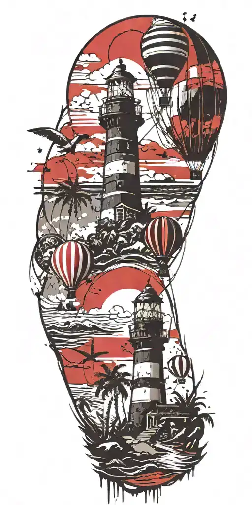 light house beach scene with palm trees and hot air balloons  tattoo design idea