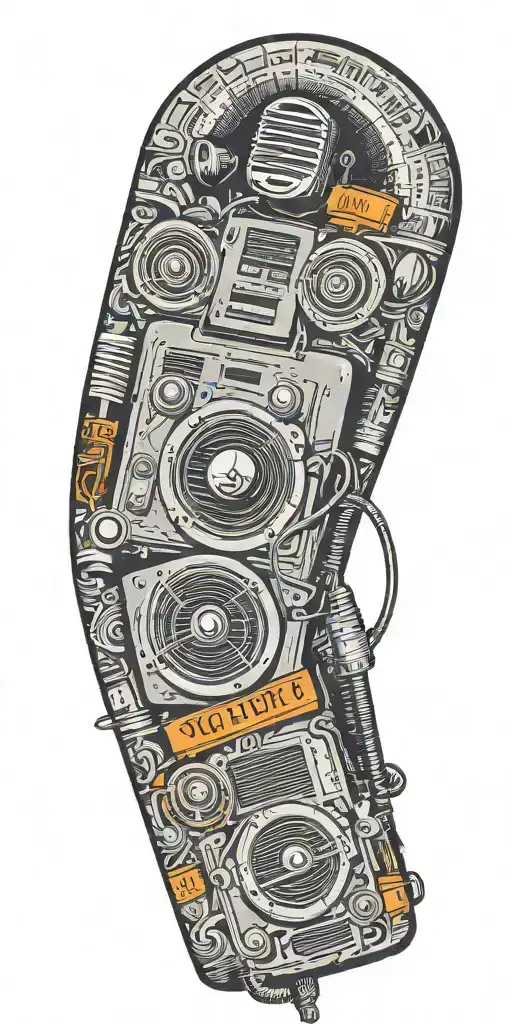 old school phone, record player, and rock music band speaker and microphone  tattoo design idea