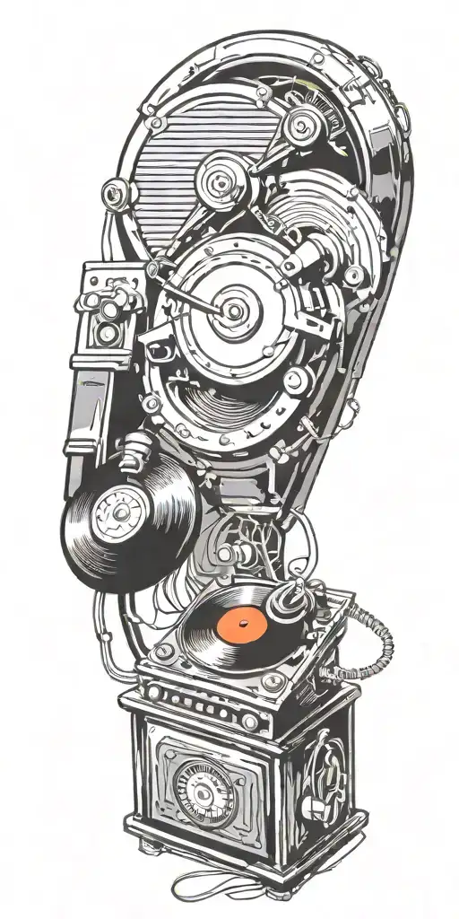 rock music record player, concert speakers, old school dial phone tornado  tattoo design idea