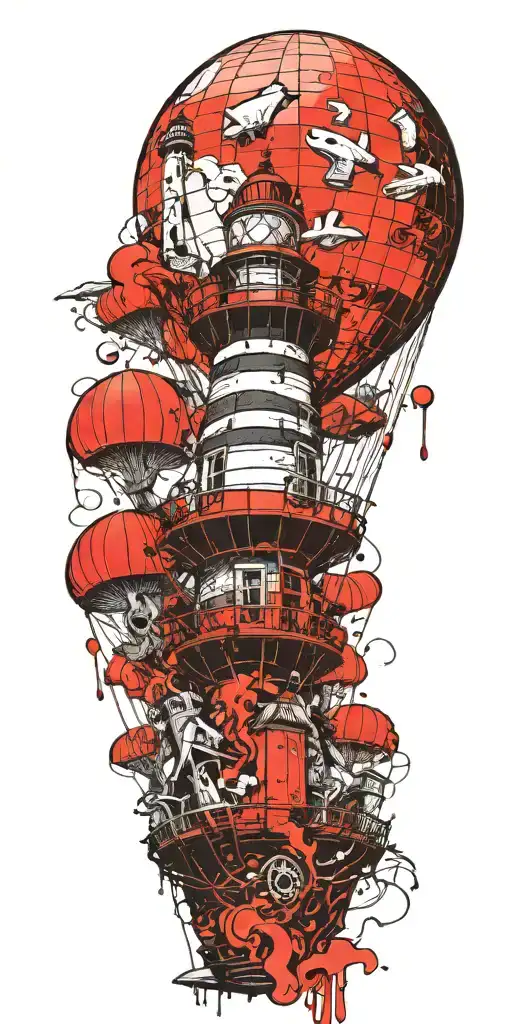 lighthouse mushroom hot air ballon's and a shipwreck  tattoo design idea