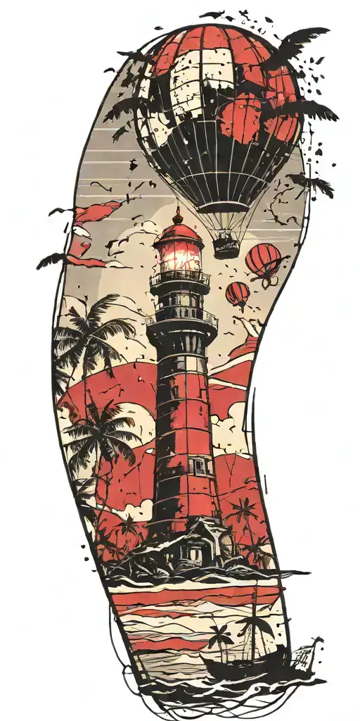 light house beach scene with palm trees and hot air balloons  tattoo design idea