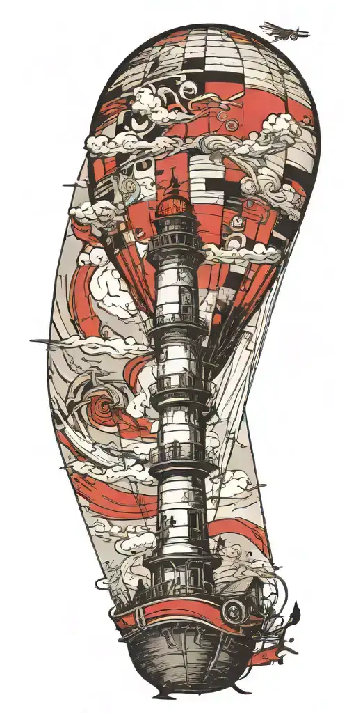 lighthouse hot air balloon and a banner plane a tornado  tattoo design idea