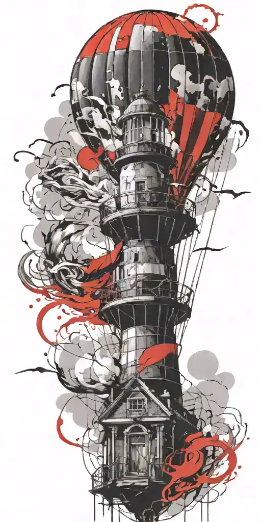 hot air balloon lighthouse in a tornado never give up tattoo design idea