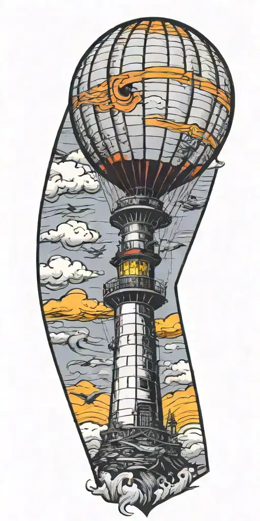 lighthouse hot air balloon and a banner plane flying in a tornado  tattoo design idea