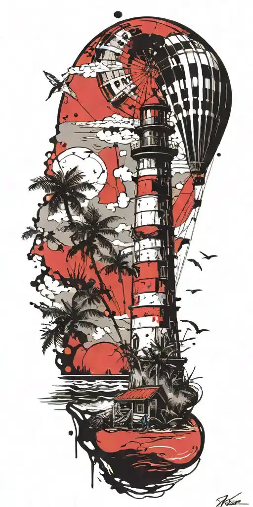 light house beach scene with palm trees and hot air balloons  tattoo design idea