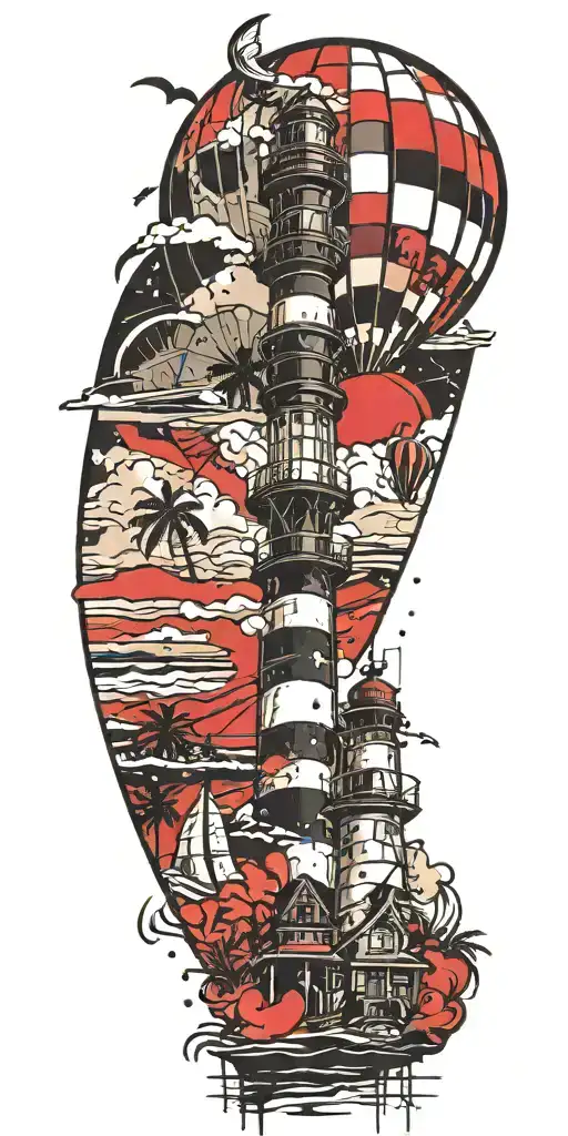 light house beach scene with palm trees and hot air balloons  tattoo design idea
