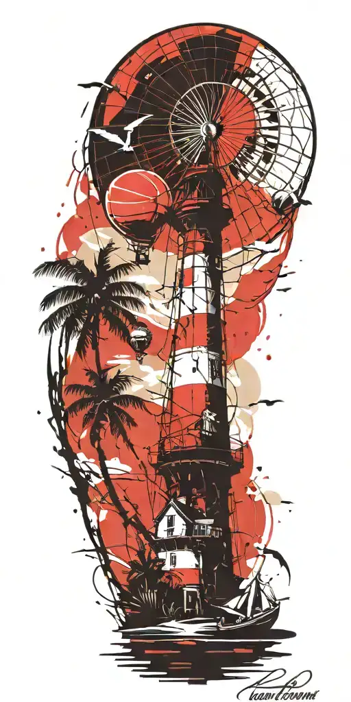 light house beach scene with palm trees and hot air balloons  tattoo design idea