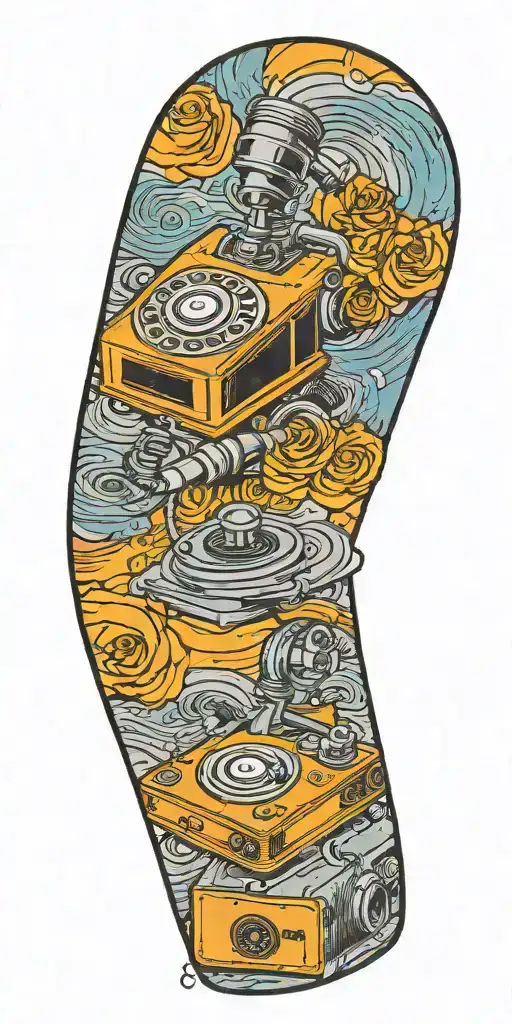 old school phone and record player tornado  tattoo design idea