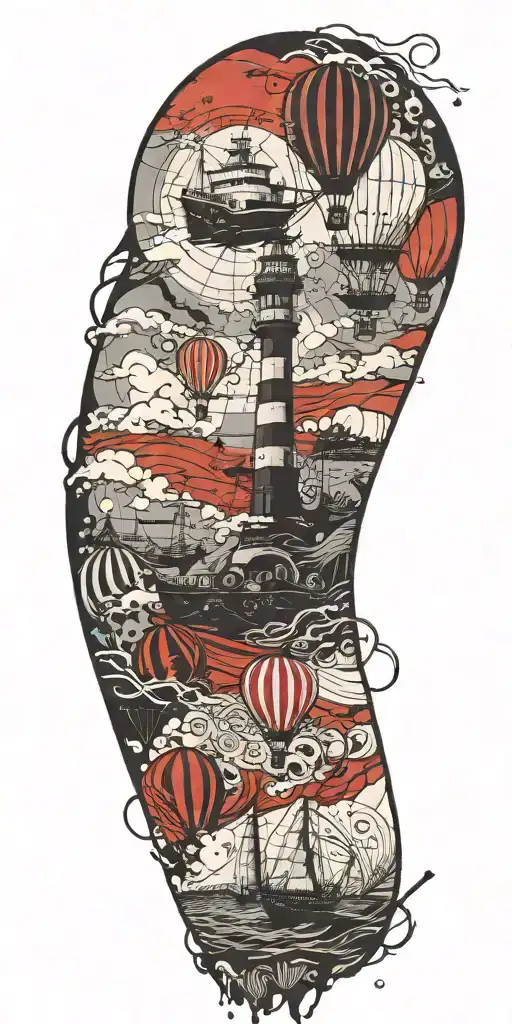 hot air balloons, lighthouses, and ship wreck  tattoo design idea