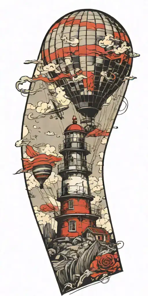 lighthouse hot air balloon and a banner plane a tornado  tattoo design idea