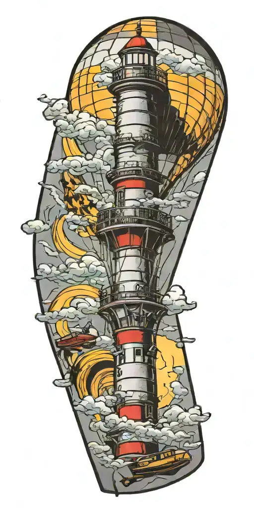 lighthouse hot air balloon and a banner plane flying in a tornado  tattoo design idea
