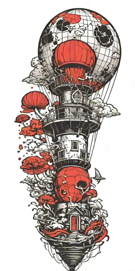 lighthouse mushroom hot air ballon's and a shipwreck  tattoo design idea