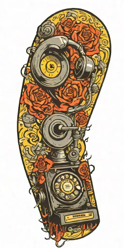 old school dial phone, music speakers, and record player tornado melting  tattoo design idea