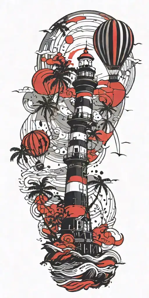 light house beach scene with palm trees and hot air balloons  tattoo design idea