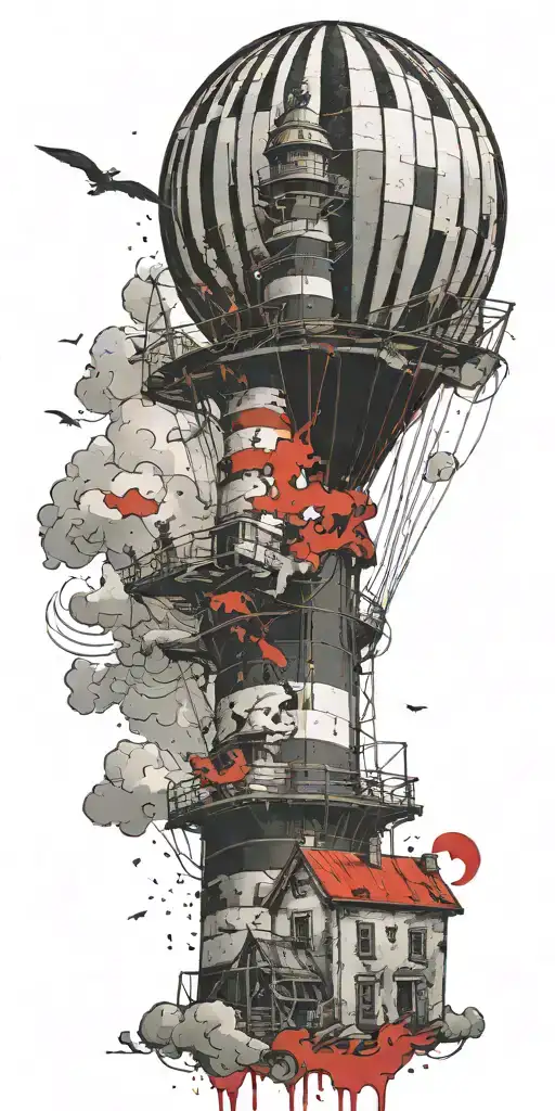 hot air balloon and lighthouse in a tornado never give up tattoo design idea