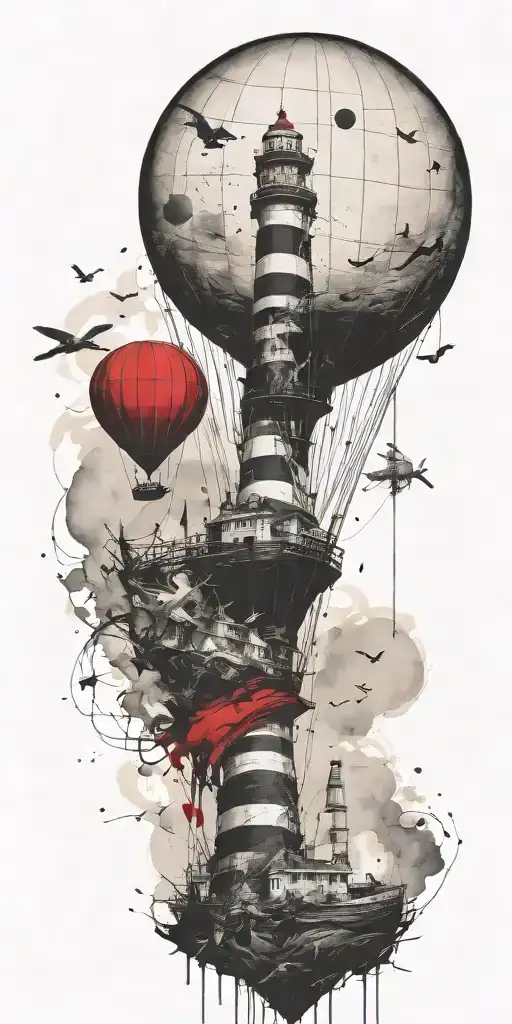 shipwreck hot air balloons and lighthouse tattoo design idea