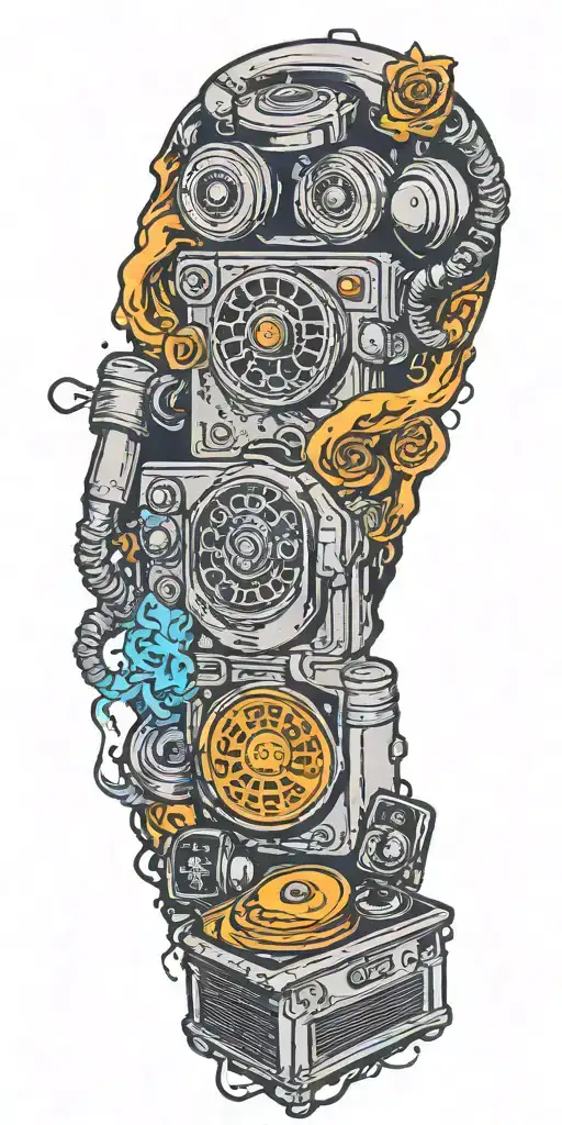 old school dial phone, music speakers, and record player tornado melting  tattoo design idea