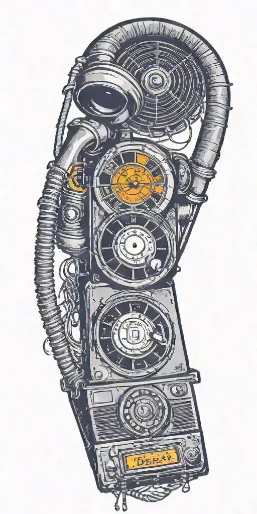 old school dial phone, music speakers, and record player tornado melting  tattoo design idea