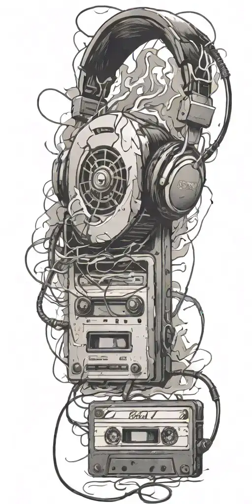 frozen cassette tape, headphones, guitar thunder storm  tattoo design idea