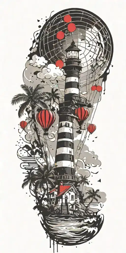 light house beach scene with palm trees and hot air balloons  tattoo design idea