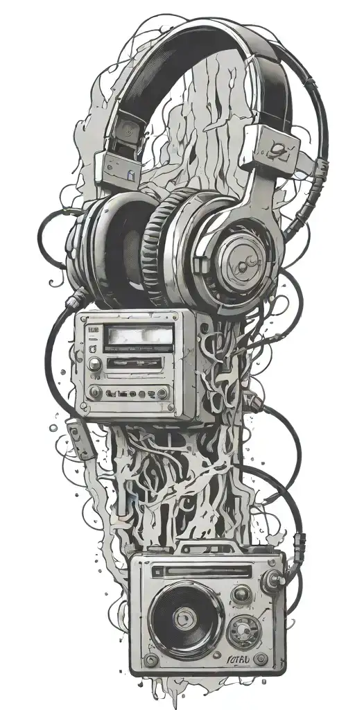 frozen cassette tape, headphones, guitar thunder storm  tattoo design idea