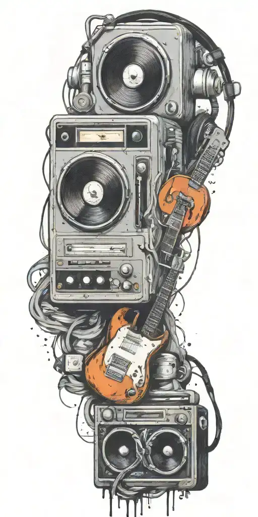 opened can of guitar, record player, cassette tape headphones twisted toget tattoo design idea